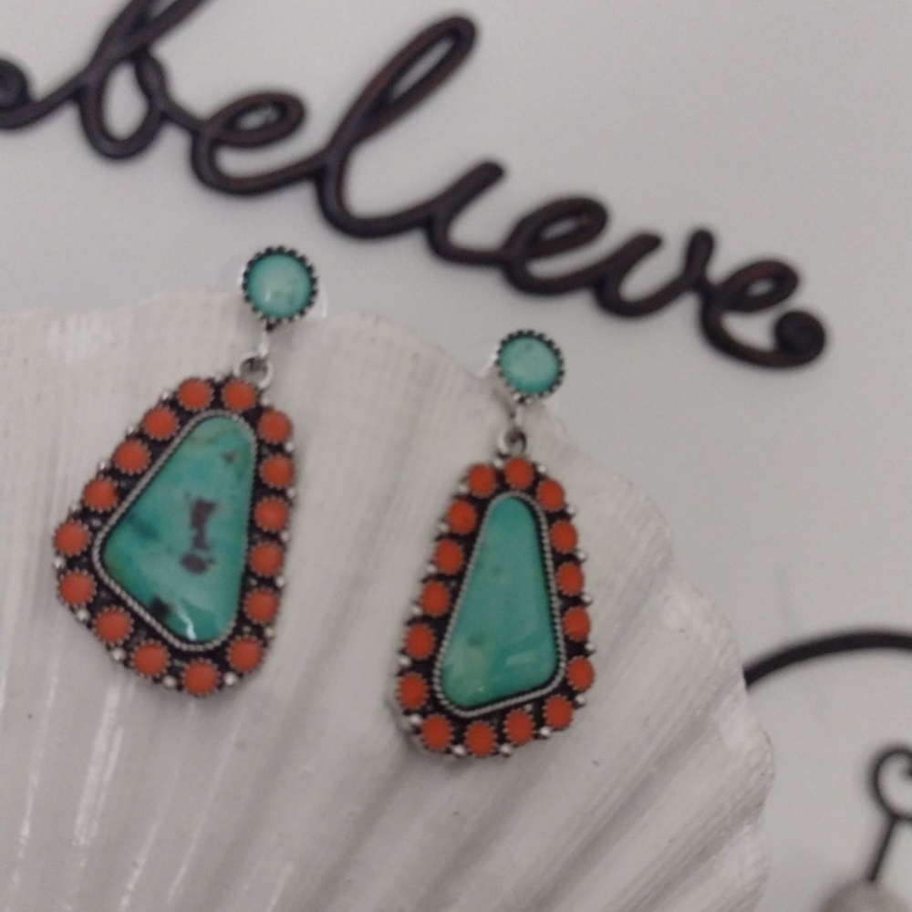 Turquoise and Coral Faux Stone Gorgeous Drop Earrings - Picture 5 of 8